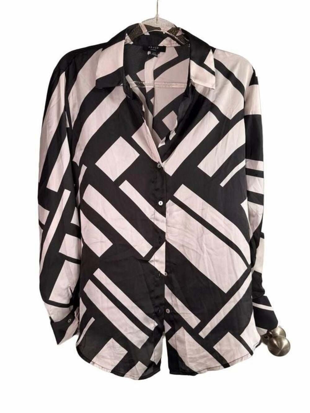 Haver London Black and White Geometric Print Long Sleeve Button-Down Blouse Medi